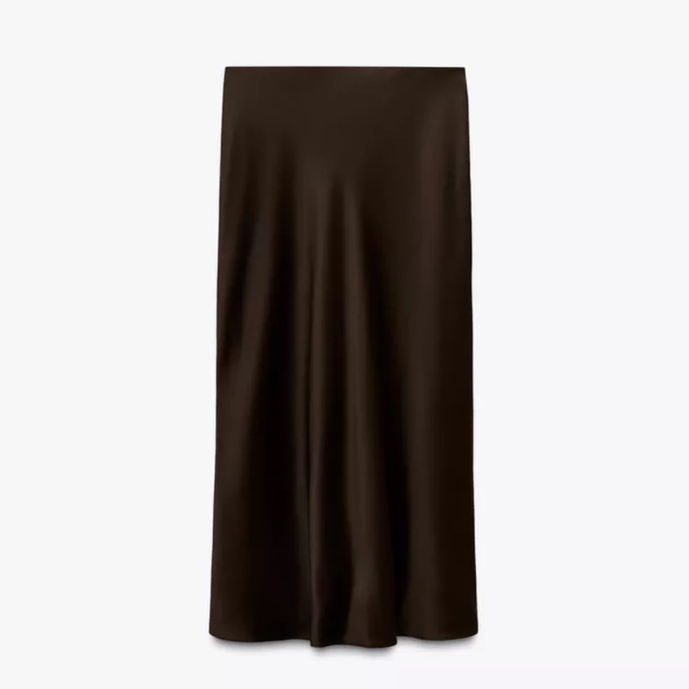 Zara Satin Midi Skirt Chocolate Brown **NWT**